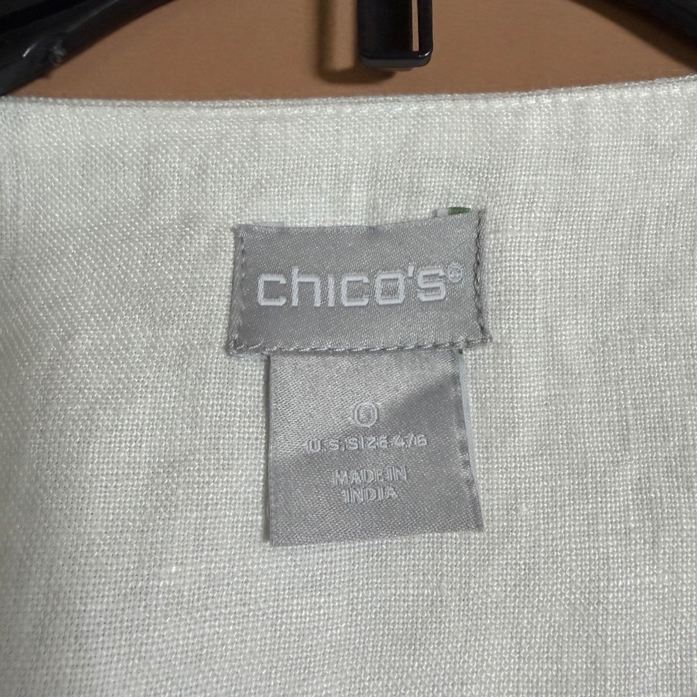 Chicos White 100% Linen 2 Piece Eyelet Embroidery Pant Set Jacket Size 0 S 4 6 - Picture 11 of 15